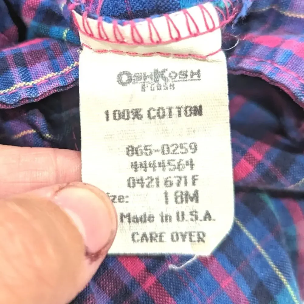 Vtg 90s Oshkosh Bgosh Overalls Girls Sz 18m Purple Plaid Classic Staple